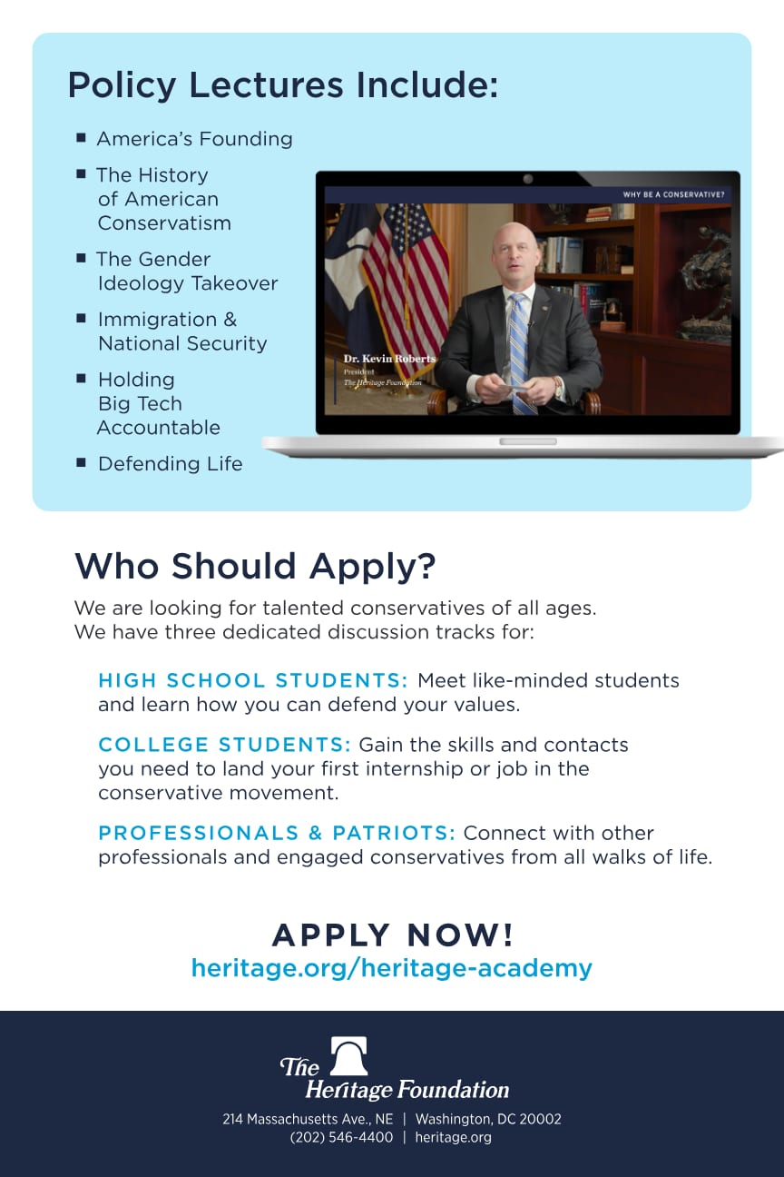 Heritage Academy official flyer, page 2: Who should apply — high school students, college students, professionals and patriots — and policy lecture topics. Apply now. heritage.org/heritage-academy